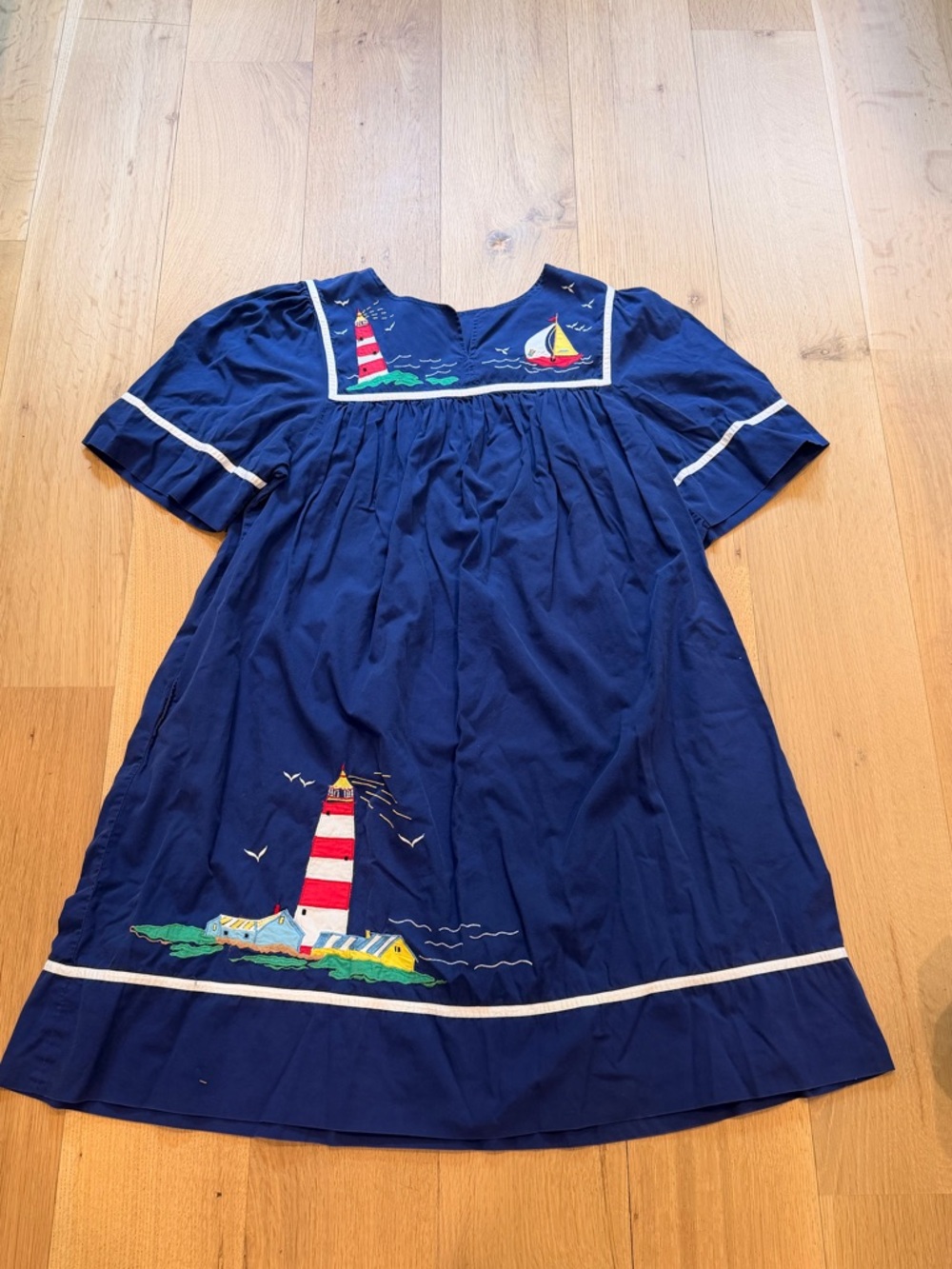 Bechamel Lighthouse Embroidered Cotton Nautical Dress Size Large Pockets